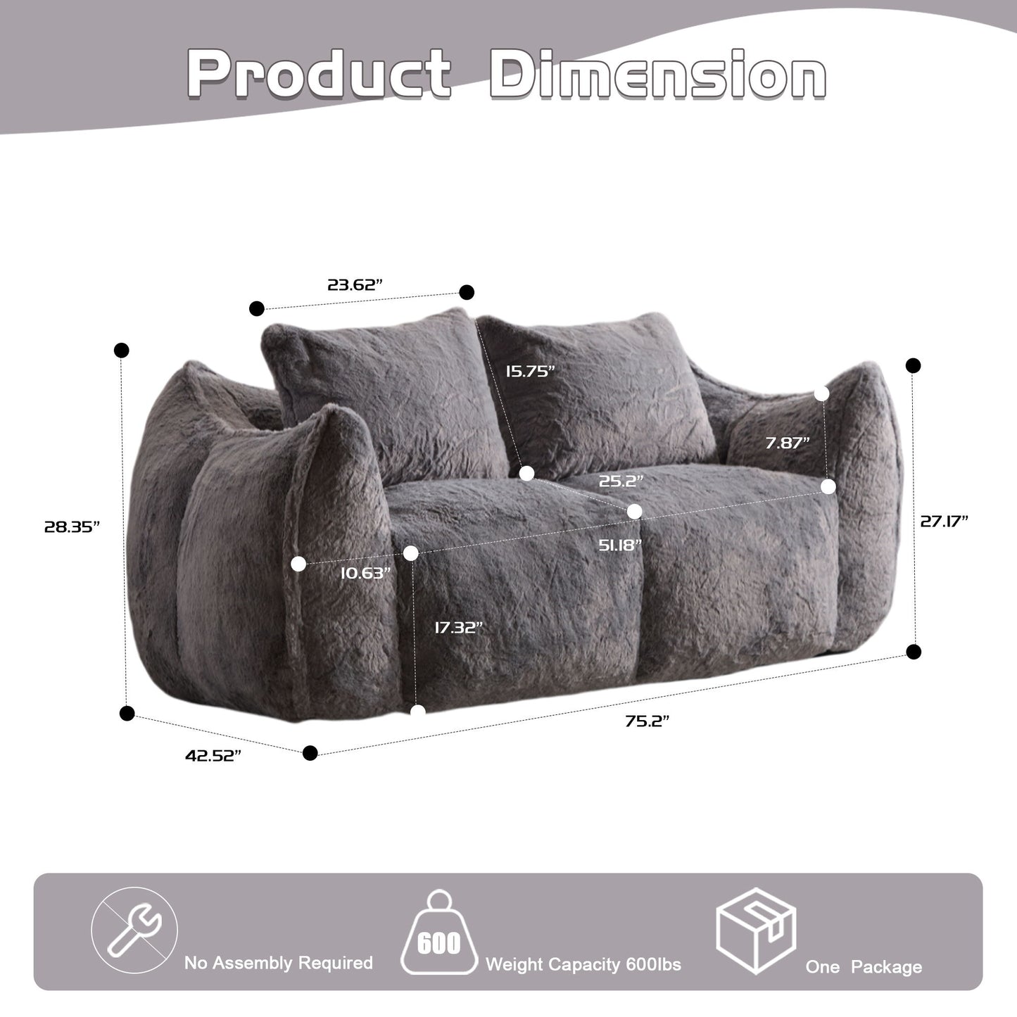 Giant Bean Bag Couch, Ultra Soft Fluffy Loveseat For Living Room Reading Chair With Pillows - Gray
