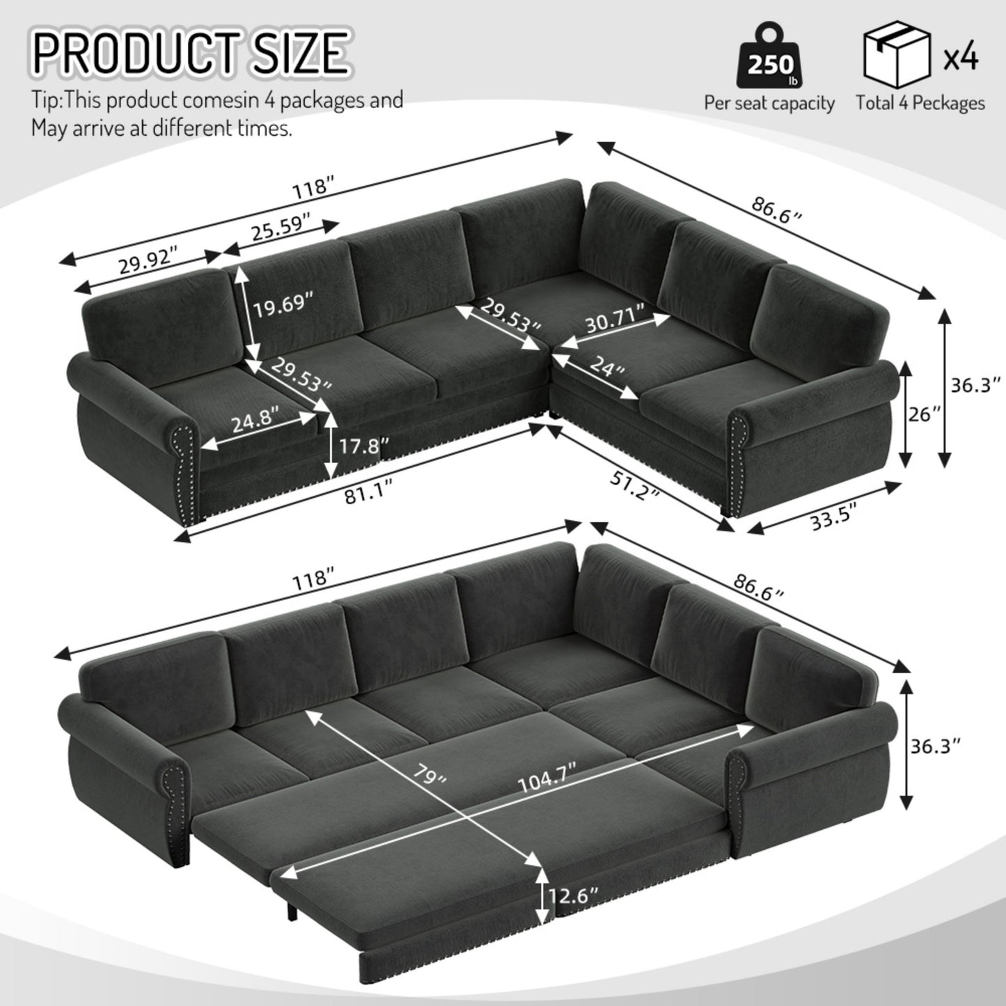 L-Shaped Sofa Couch With Pull Out Bed With Nailhead Trim & Rolled Arm, Sectional Couches, For Living Room - Dark Gray