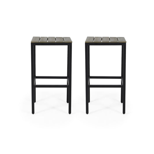 Outdoor Bar Stool With Slat Design And Metal Frame (Set of 2)