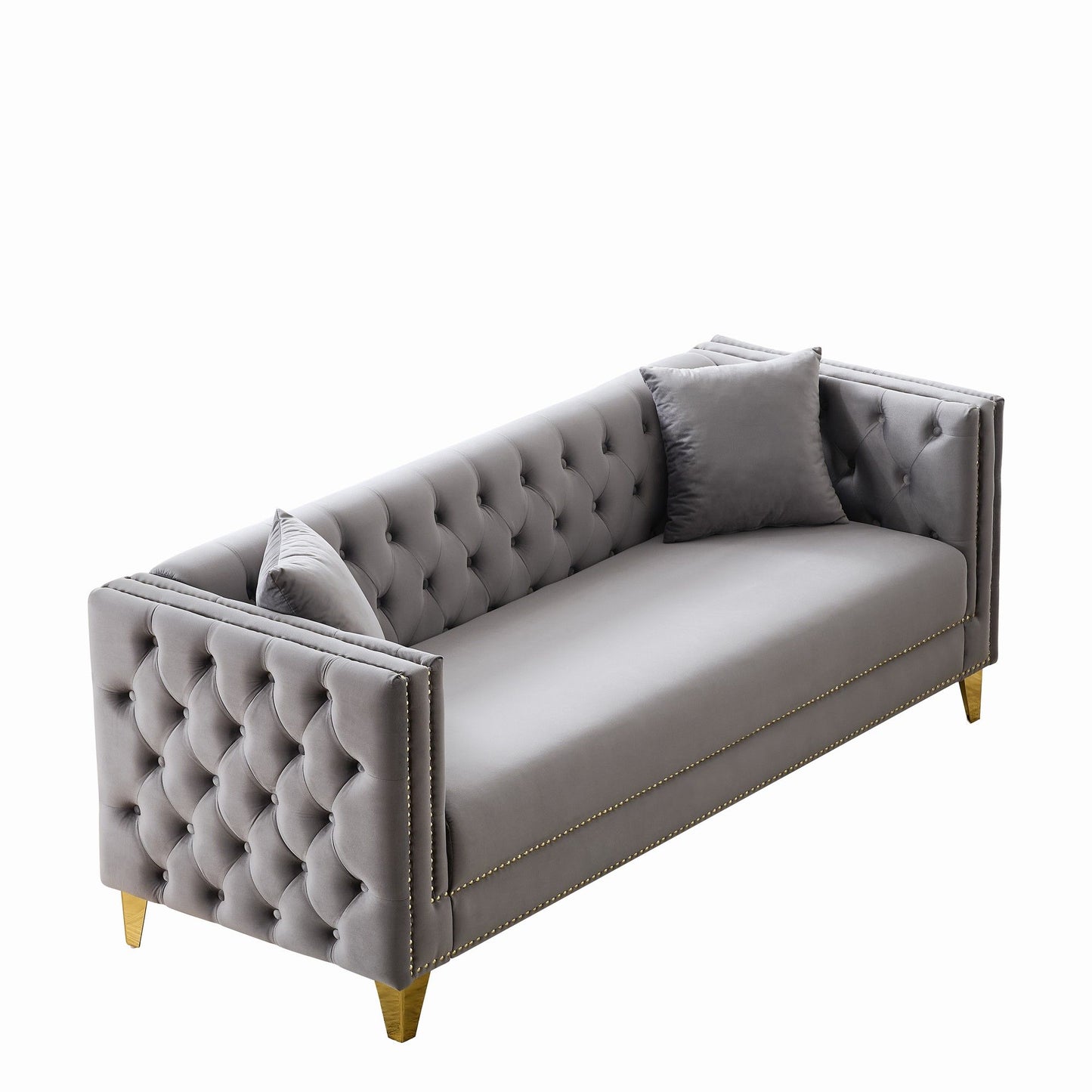 3 Seater Deep Seat Sofa, Sofa With Button Nailhead, Square Arm Couches, Furniture For Living Room - Gray