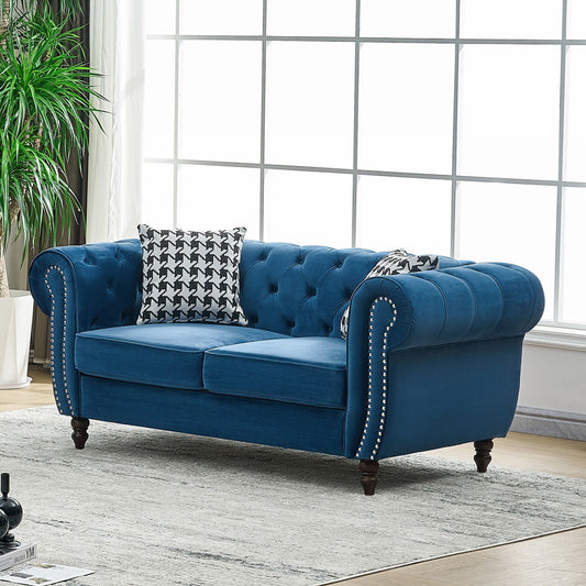 Chesterfield Velvet Fabric Sofa With Roll Armrest And Nailhead, Mid Century 2 Seater Couch In Blue