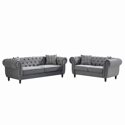 Chesterfield 3 And 2 Seater Velvet Upholstery Sofa With Roll Armrest & Nailhead Fabric Couch