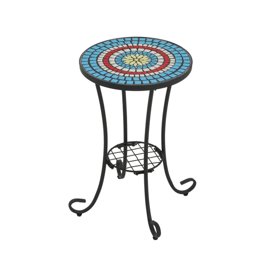 Ceramic Tile And Iron Patio Side Table With Shelf