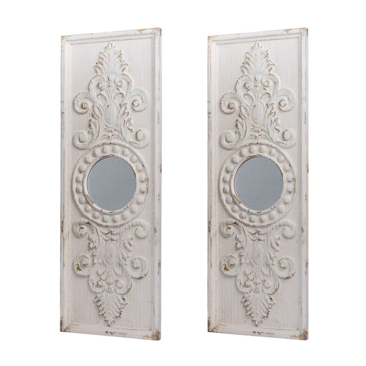 Large Wooden Wall Art Panels With Distressed Round Mirror Accents (Set of 2) - White
