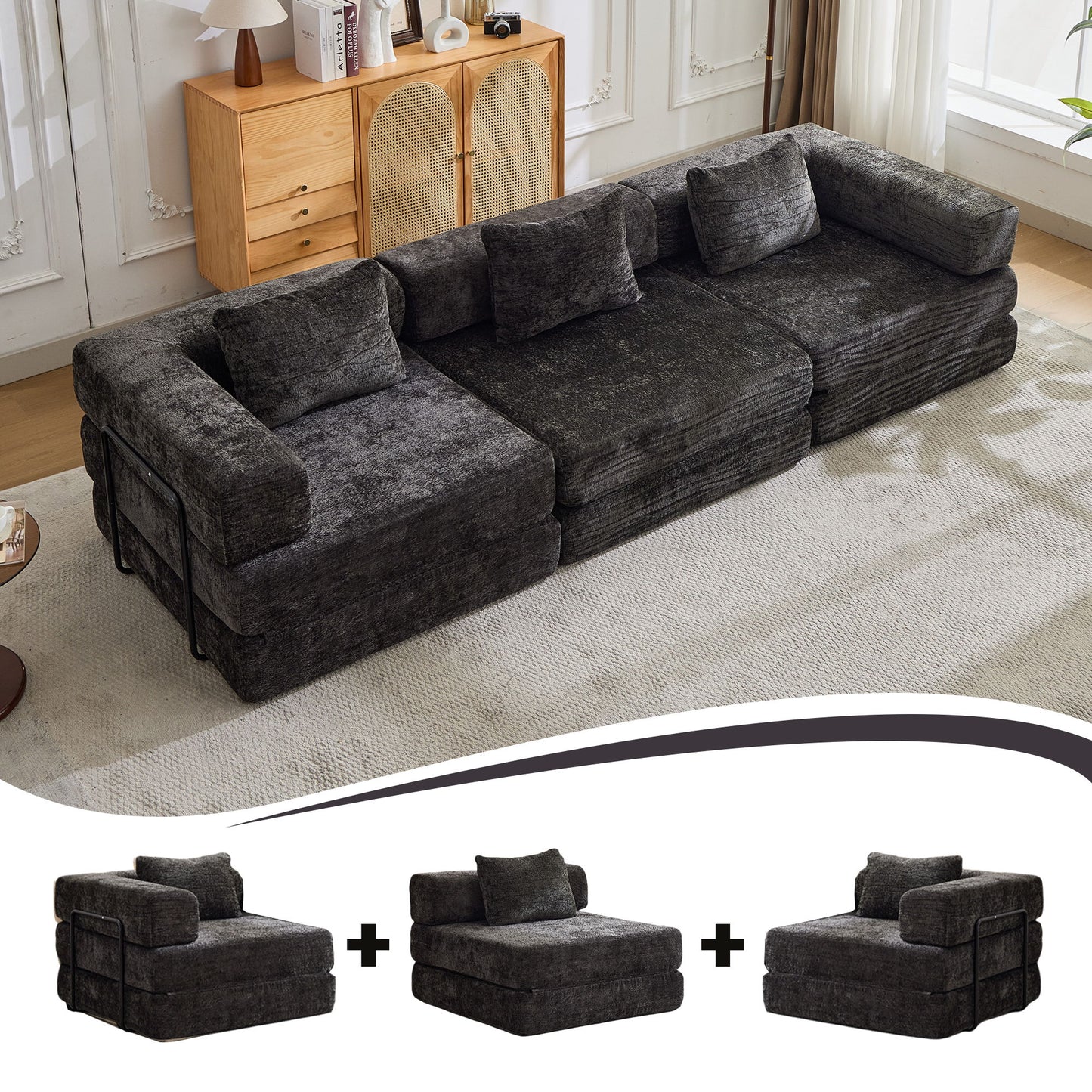 Convertible Floor Sofa Bed With Fixed Shape Frame, Boneless Modular Sectional Sofa, For Living Room - Black