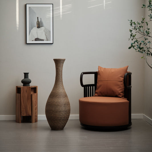 Tall Artificial Rattan Floor Vase In Elegant Statement Piece For Living Room Decor, Entryway, Or Hallway Versatile Home Accent For Dried Or Silk Floral Arrangements - Beige / Gray