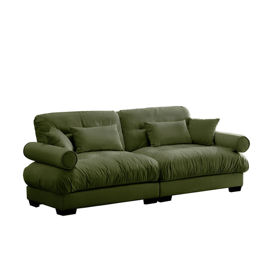 Modern Velvet Sofa With Bolstered Armrests And Pillows