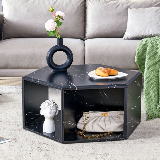 Hexagonal Coffee Table With Characteristic Pattern Stickers And Multi-Hole Design For Extra Storage