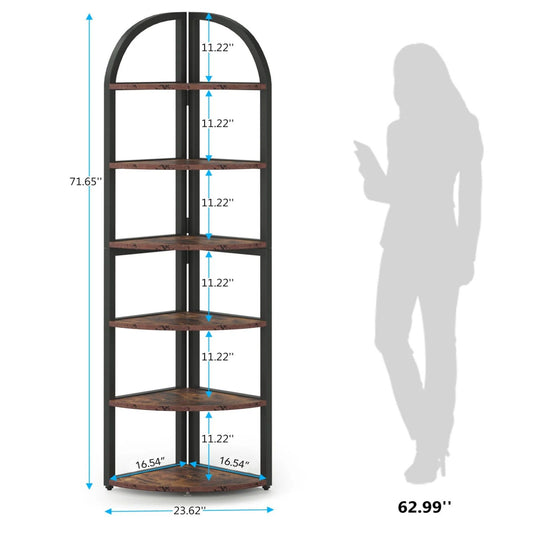 Tall 6 Tier Corner Shelf, Freestanding Bookshelf For Living Room - Rustic Brown