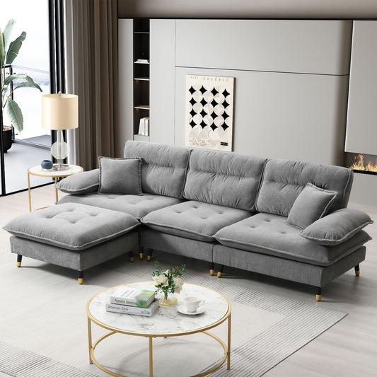 L Shaped Convertible Sectional Sofa 4 Seat Tufted Couch Set With Two Tone Adjust Legs Cloud Movable Ottoman