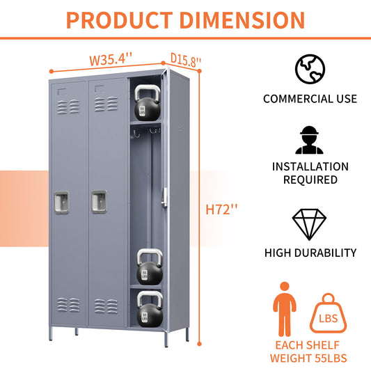 3 Door Lockers With Lock For Home, Gym, Office, School, And Garage - Gray