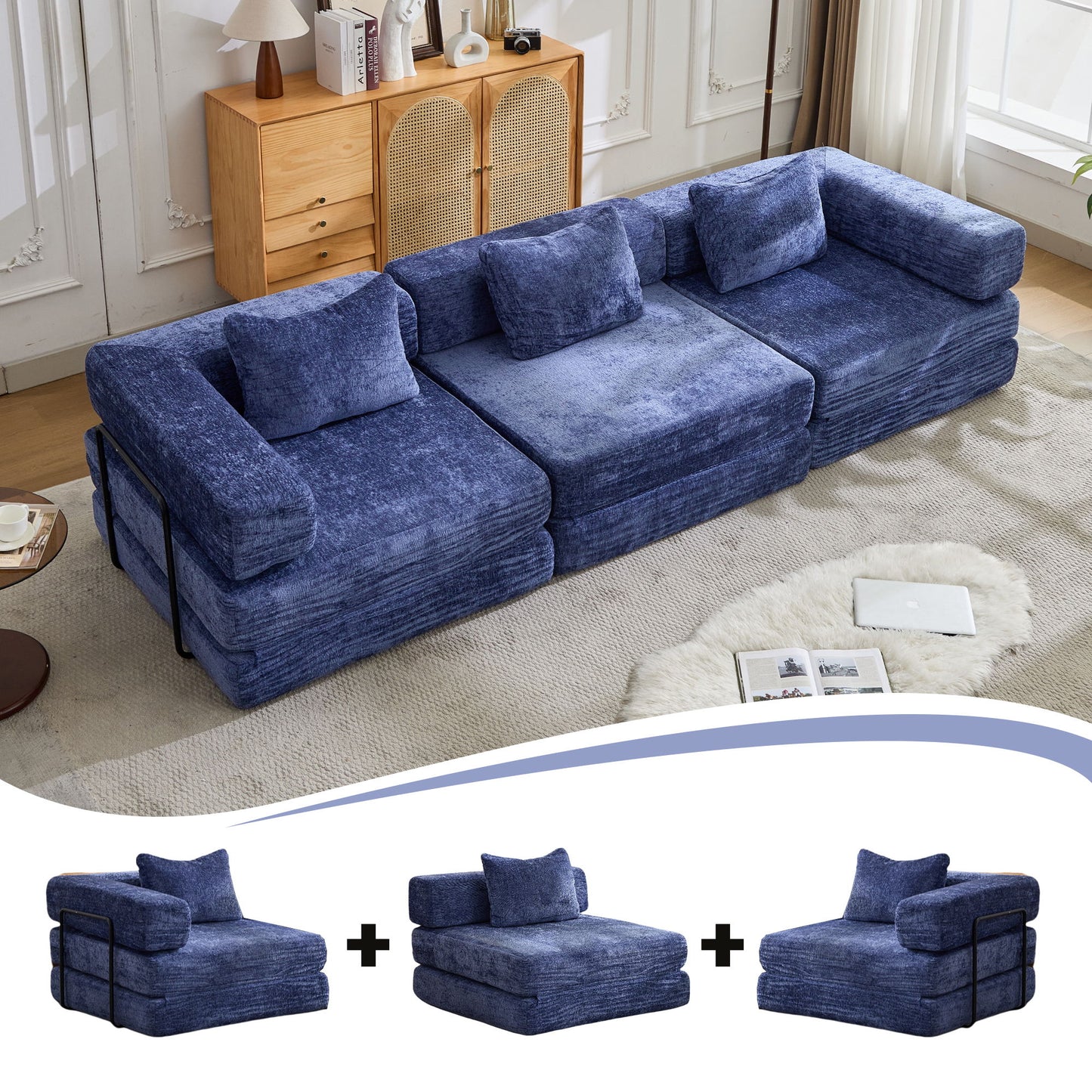 Convertible Floor Sofa Bed With Fixed Shape Frame, Boneless Modular Sectional Sofa, For Living Room - Dark Blue