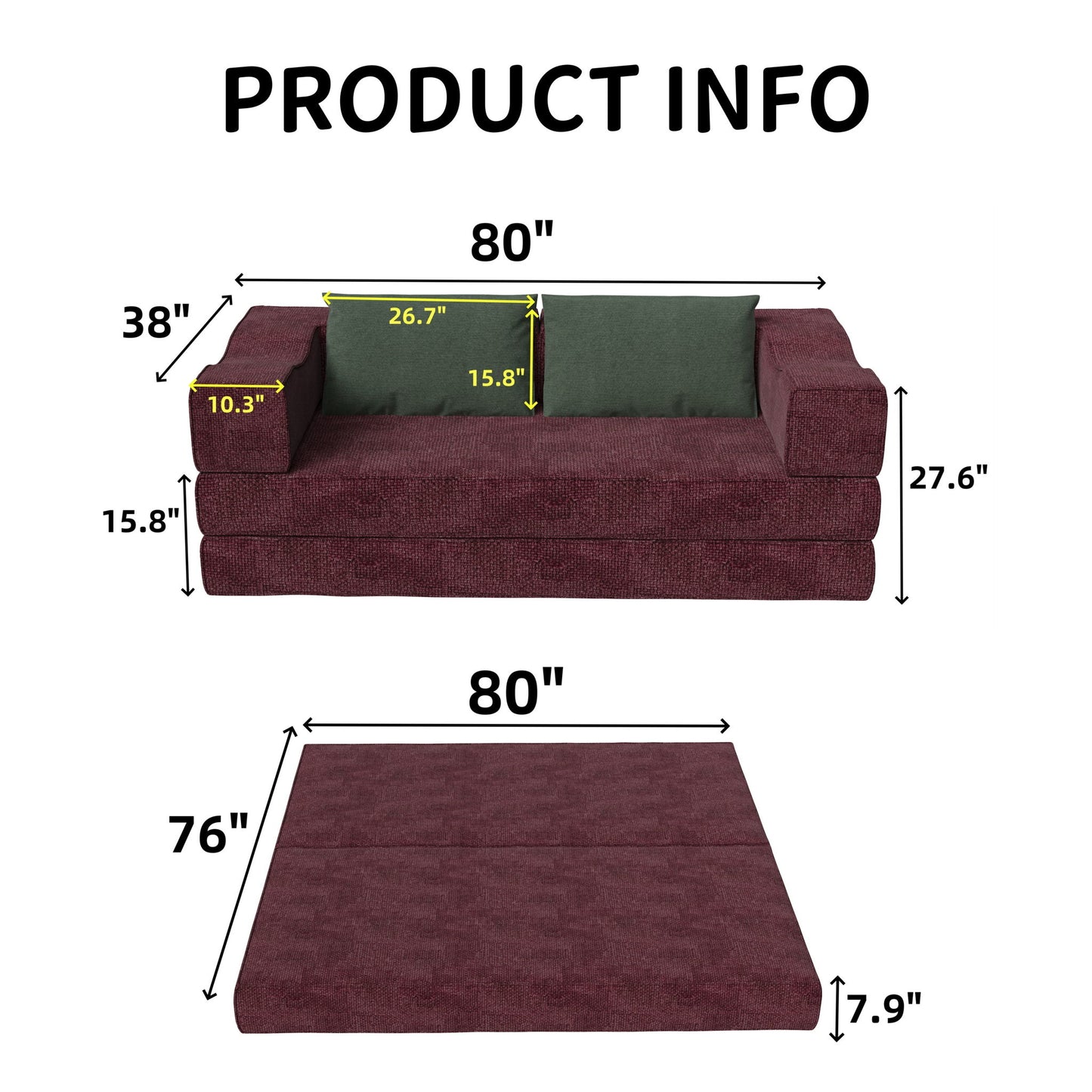 Convertible Couch Bed With 2 Pillows, 3 Seat Folding Floor Couch & King Size Bed Mattress, Diy Combination - Burgundy
