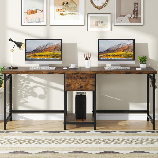 2 Person Computer Desk With Drawers And Shelves, Extra Long Double Workstation