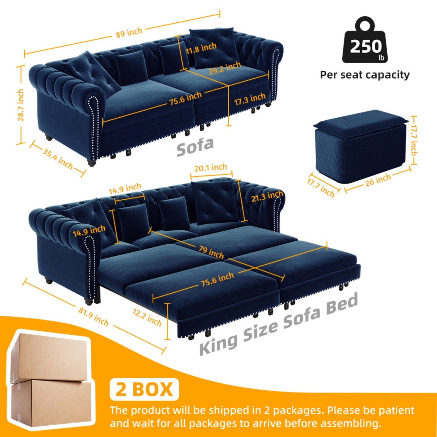 3 In 1 Pull Out Sofa Bed, Convertible Sleeper Sofa Bed, 3 Seater Sofa With Movable Ottoman - Blue