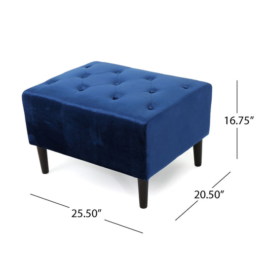 Mid Century Ottoman Velvet With Button Tufting With Birch Wood Legs - Navy Blue