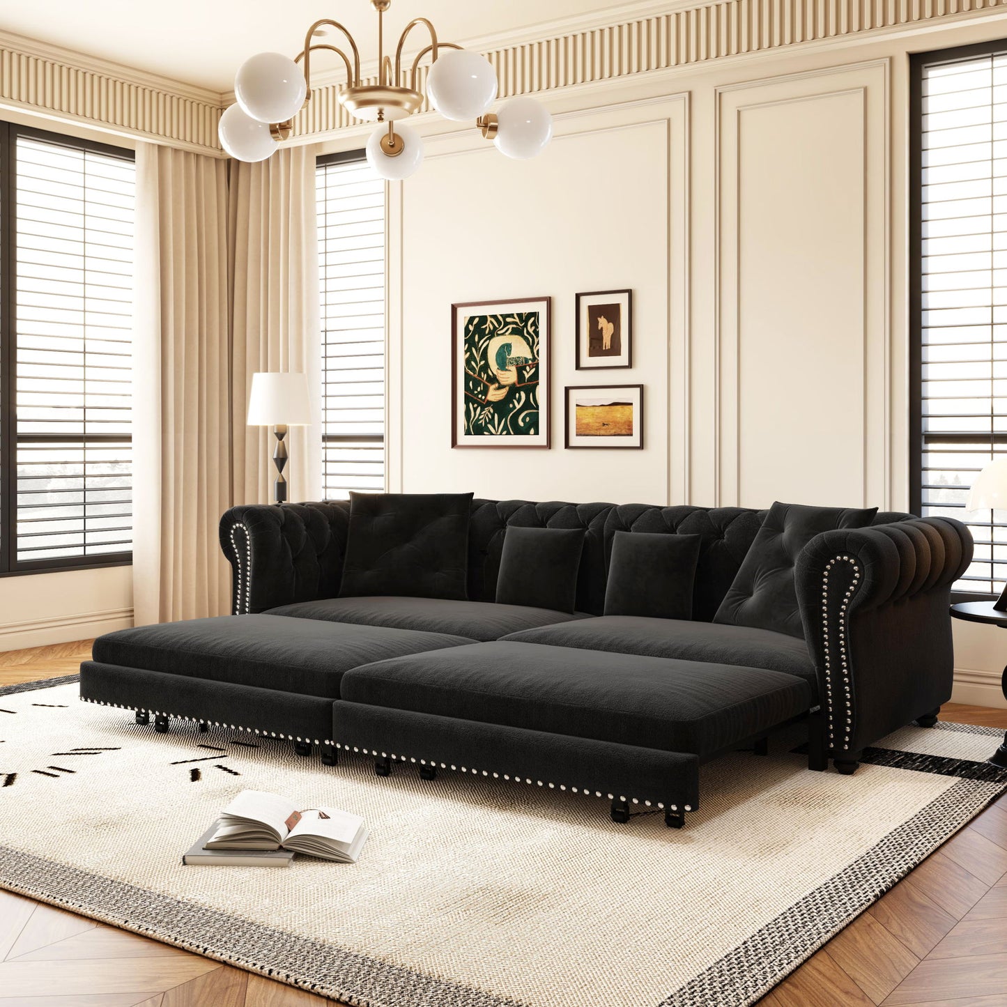 3 In 1 Pull Out Sofa Bed, Convertible Sleeper Sofa Bed, 3 Seater Sofa With Movable Ottoman - Black