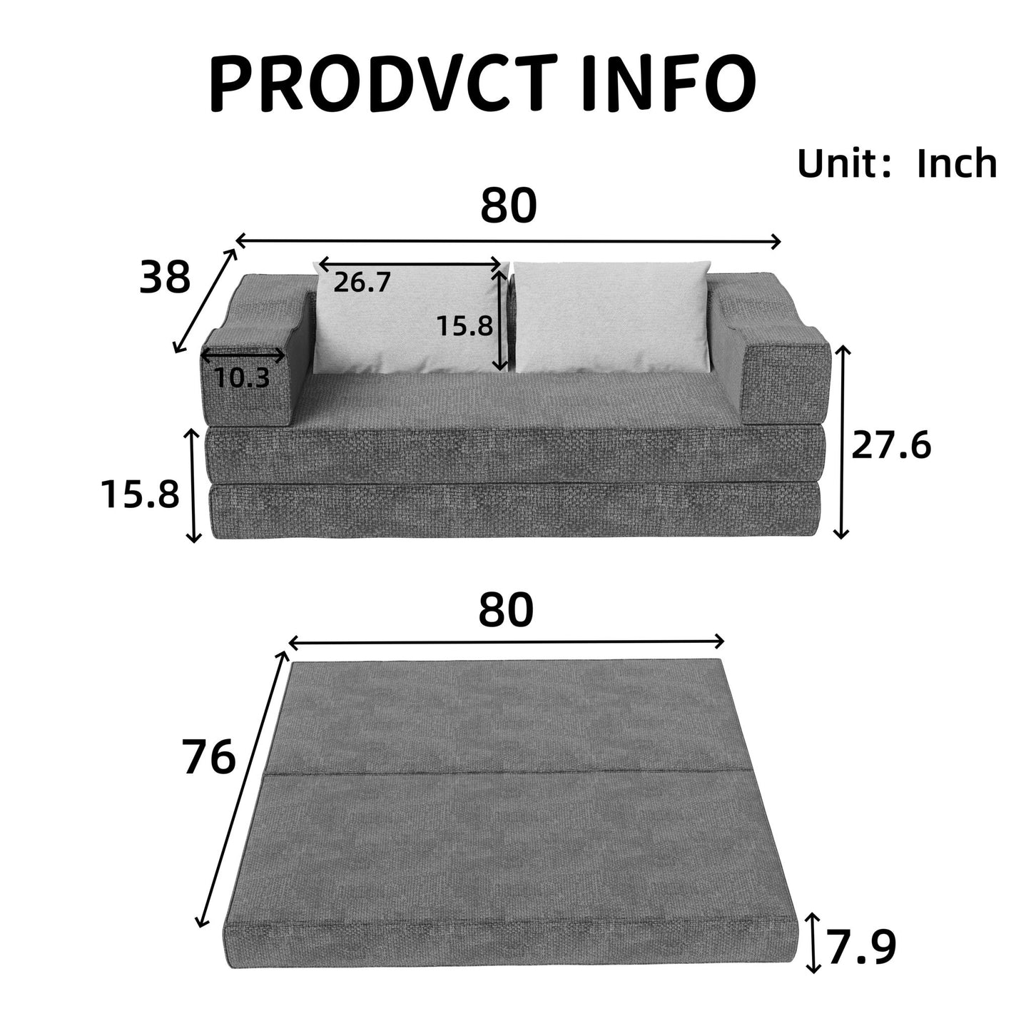 Convertible Couch Bed With 2 Pillows, 3 Seat Folding Floor Couch & King Size Bed Mattress, Diy Combination - Gray