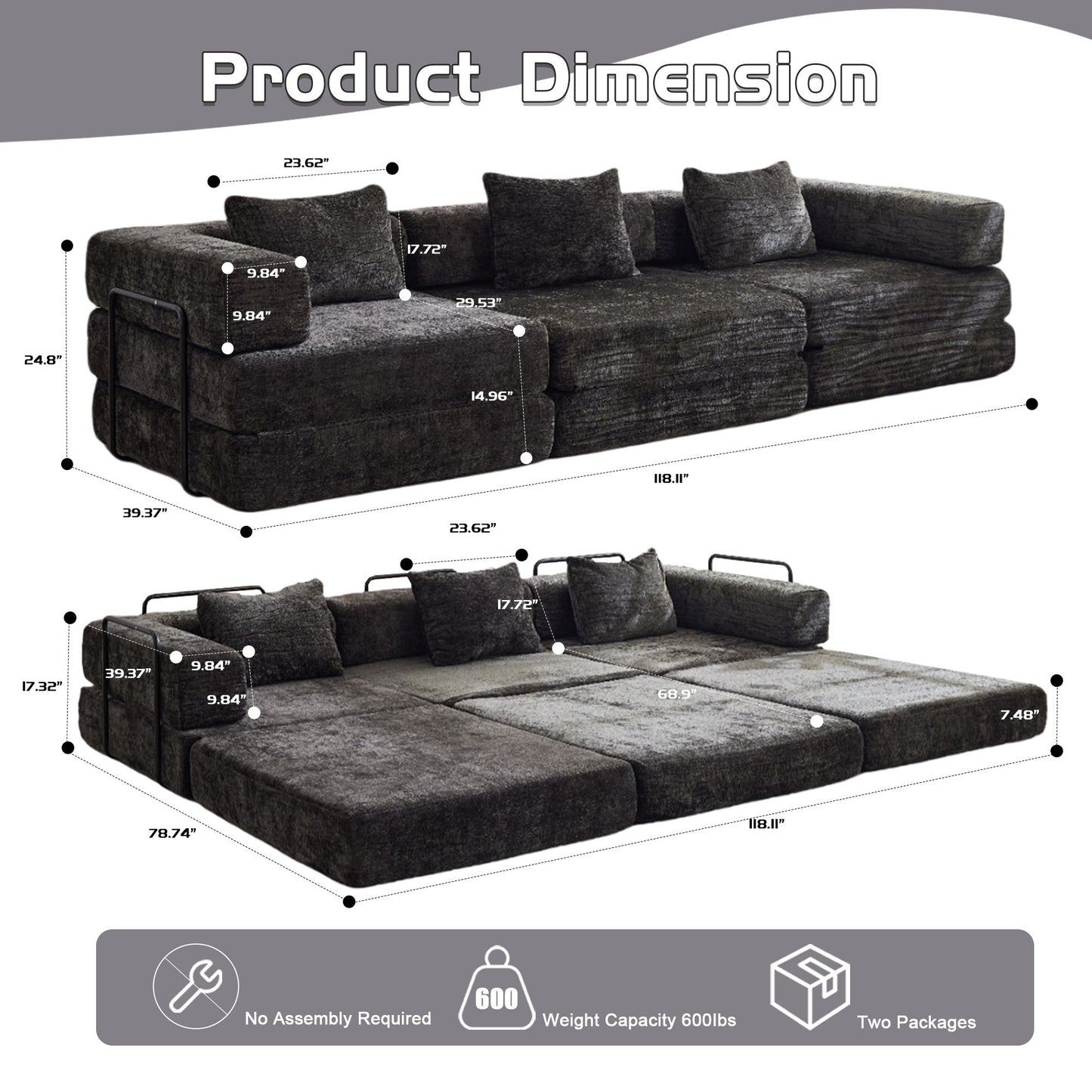 Convertible Floor Sofa Bed With Fixed Shape Frame, Boneless Modular Sectional Sofa, For Living Room - Black