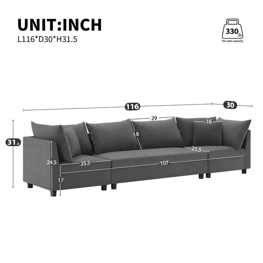 Modern Modular Sectional Oversized 4 Seat Couch Set & 4 Pillows, Minimalist Style Wide Seat Comfy Sofa - Gray