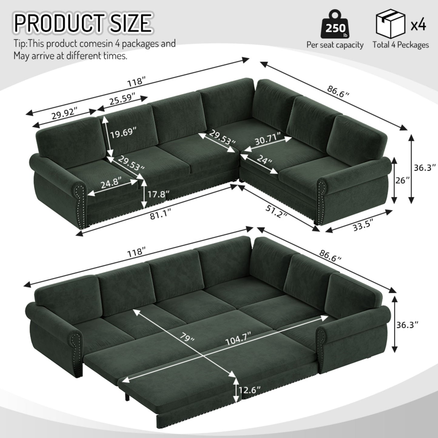 L-Shaped Sofa Couch With Pull Out Bed With Nailhead Trim & Rolled Arm, Sectional Couches, For Living Room - Green