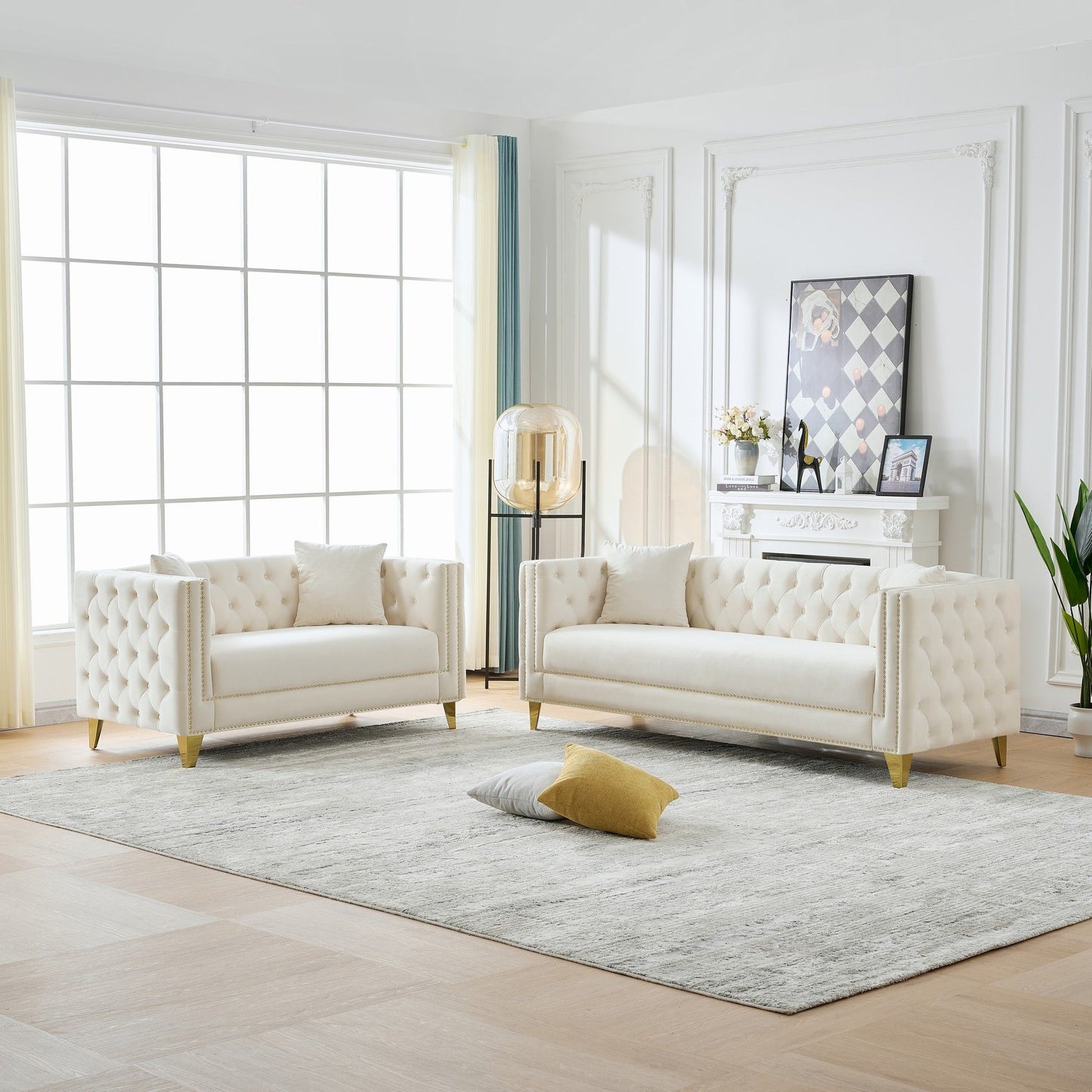3 And 2 Seater Deep Seat Sofa With Button Nailhead, Square Arm Couches, Furniture For Living Room - Beige