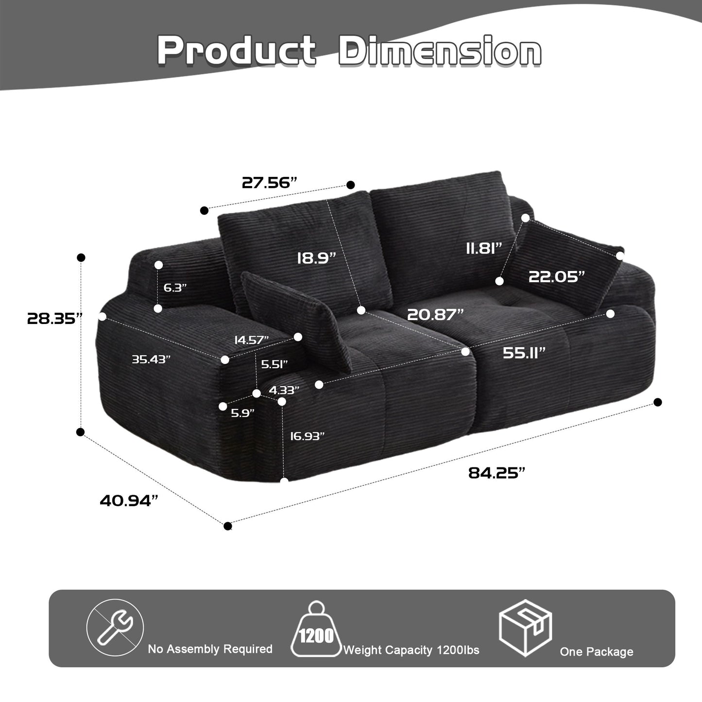 Compressed Sofa, 2 Seater Large Sectional Couches For Living Room - Black