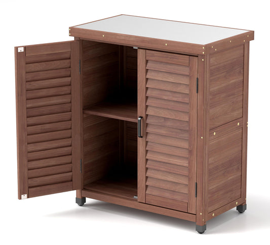 Potting Bench With Storage Cabinet And Metal Table Top For Outdoor