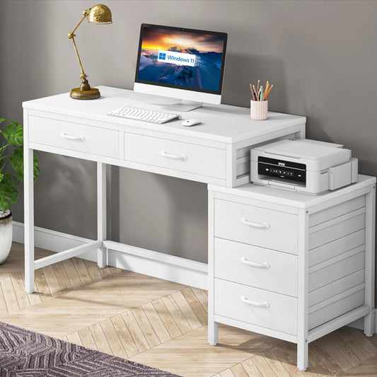 Computer Desk With Reversible 5 Drawer Storage, Frame Writing Table For Small Spaces