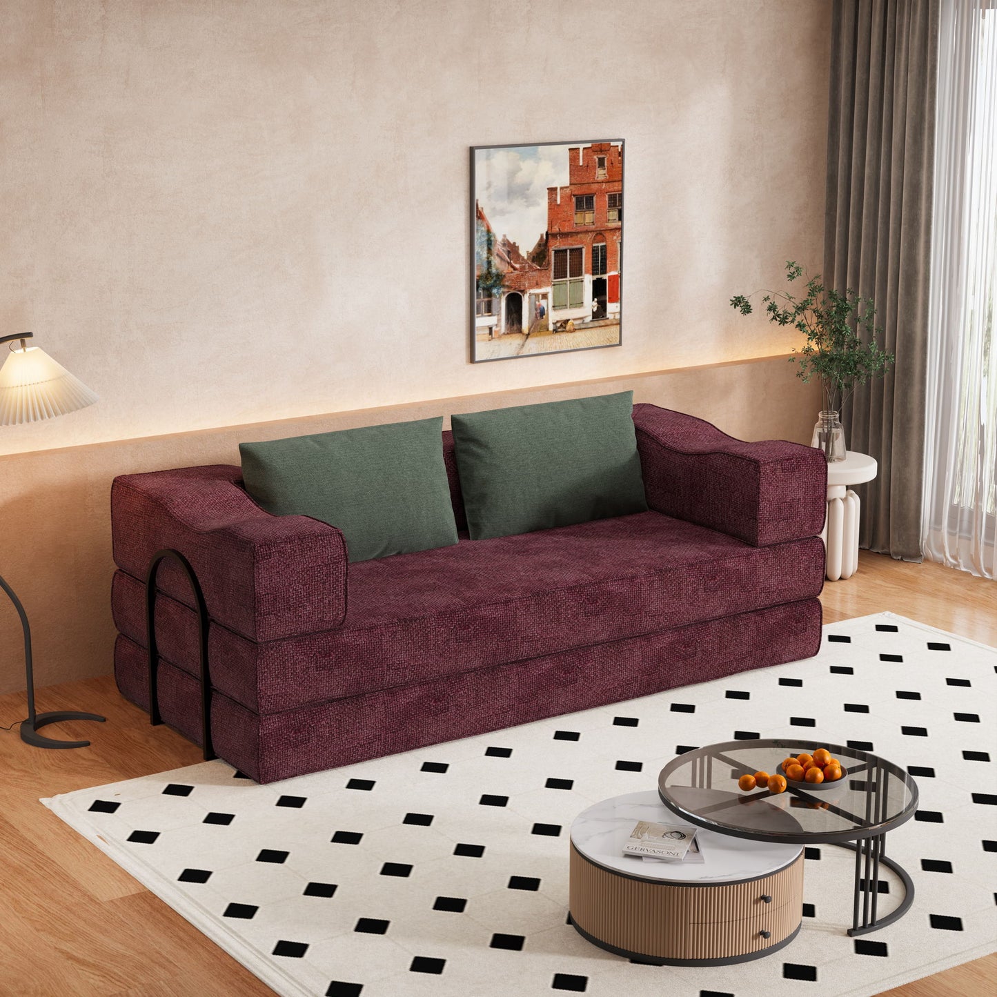 Convertible Couch Bed With 2 Pillows, 3 Seat Folding Floor Couch & King Size Bed Mattress, Diy Combination - Burgundy