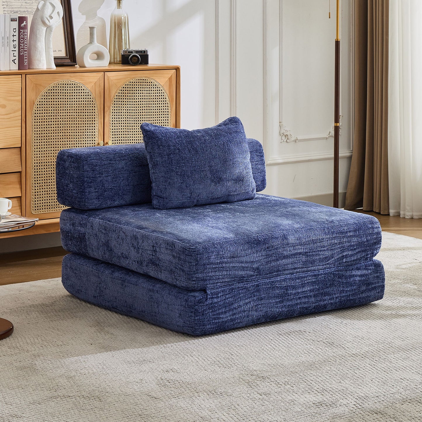 Convertible Floor Sofa Bed With Fixed Shape Frame For Living Room - Dark Blue
