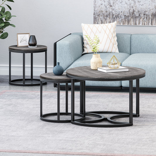 Icebergs - 3 Piece Coffee Table Set With Wood Top And Iron Base - Black / Gray