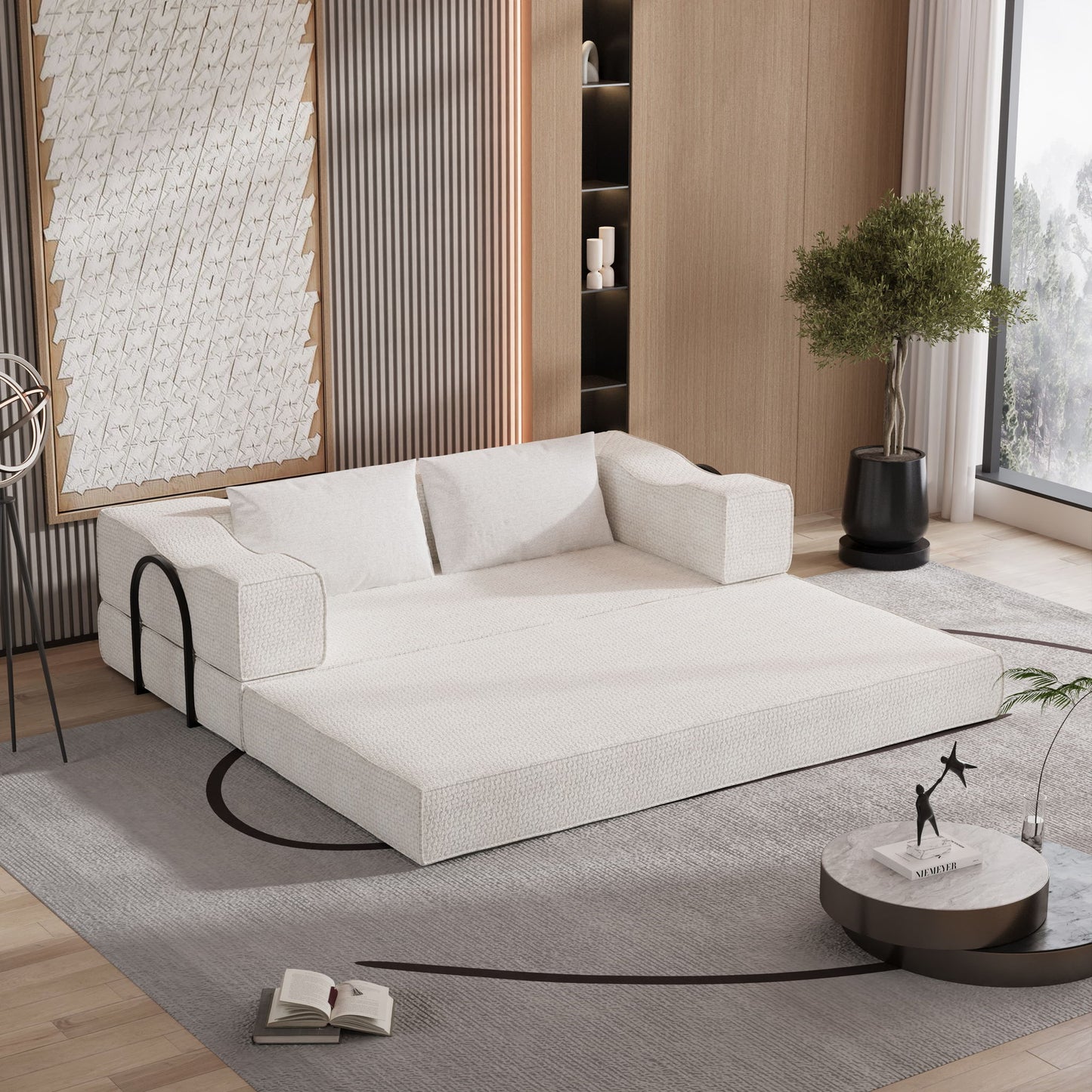 Convertible Couch Bed With 2 Pillows, 3 Seat Folding Floor Couch & King Size Bed Mattress, Diy Combination - Beige