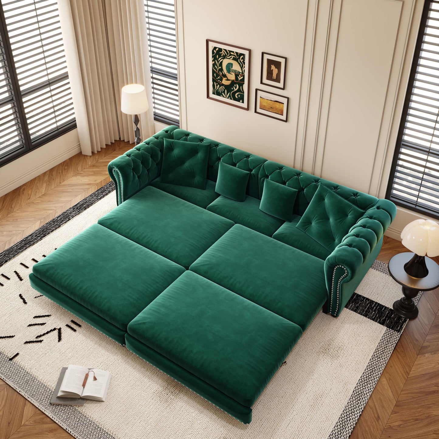 3 In 1 Pull Out Sofa Bed, Convertible Sleeper Sofa Bed, 3 Seater Sofa With Movable Ottoman - Green