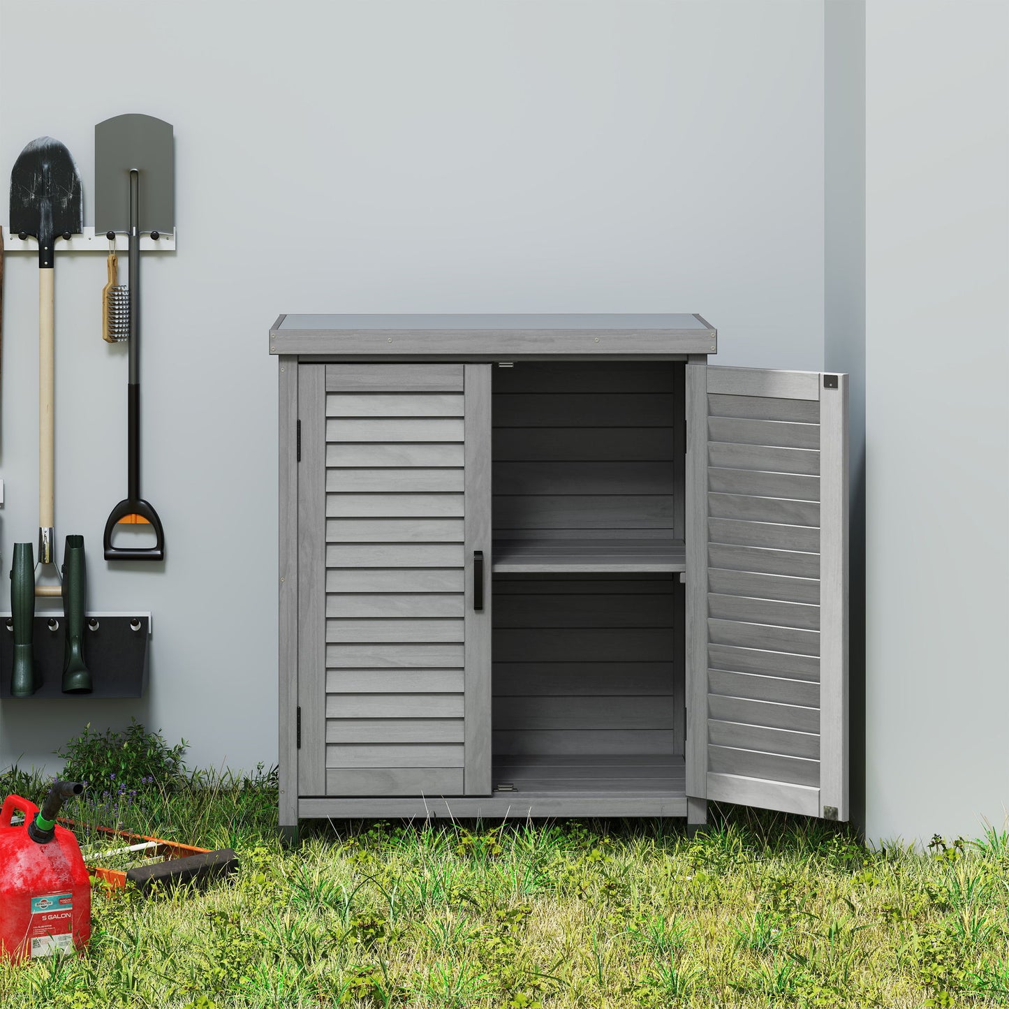 Potting Bench With Storage Cabinet And Metal Table Top For Outdoor