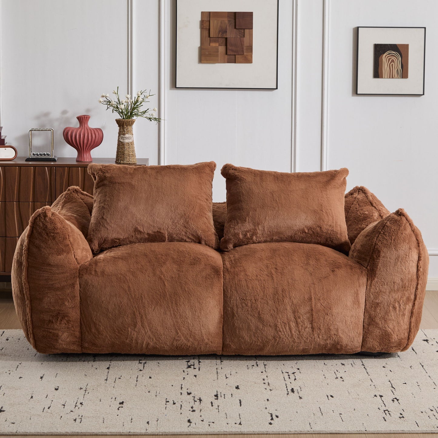 Giant Bean Bag Couch, Ultra Soft Fluffy Loveseat For Living Room Reading Chair With Pillows - Brown