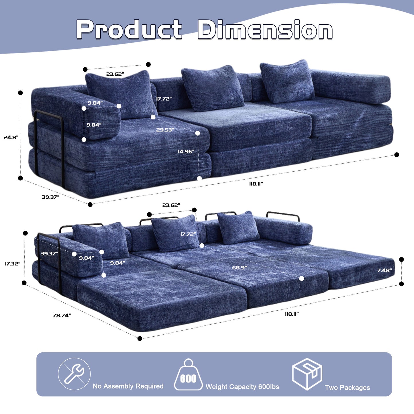 Convertible Floor Sofa Bed With Fixed Shape Frame, Boneless Modular Sectional Sofa, For Living Room - Dark Blue