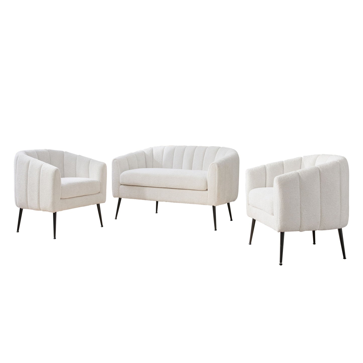 3 Piece Small Living Room Furniture Set, Sofa Loveseat & 2 Armchairs - Ivory