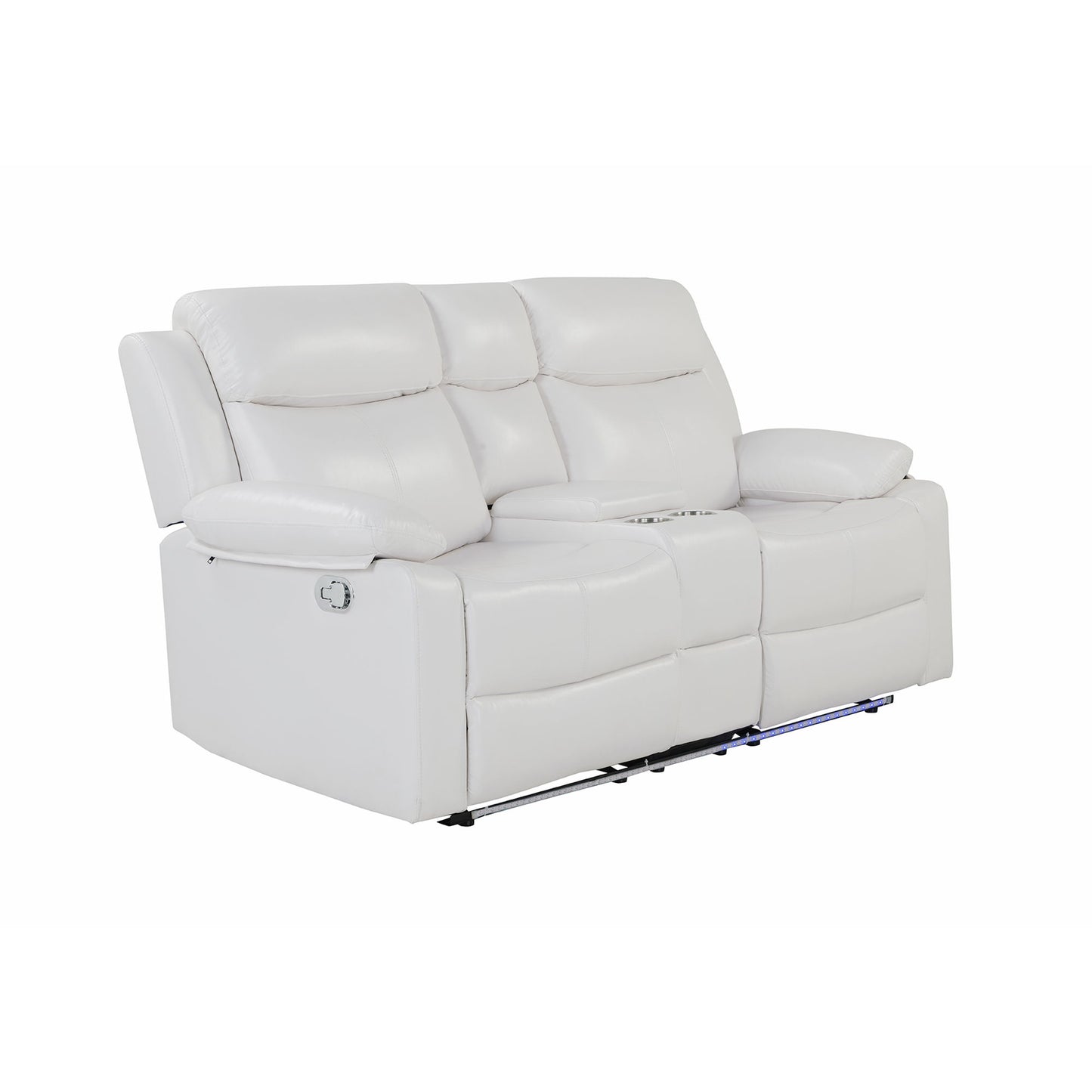 Blanche - Console Reclining Loveseat With LED Lights, Pillow Top Arms, Manual Recline, 2 Cupholders - White