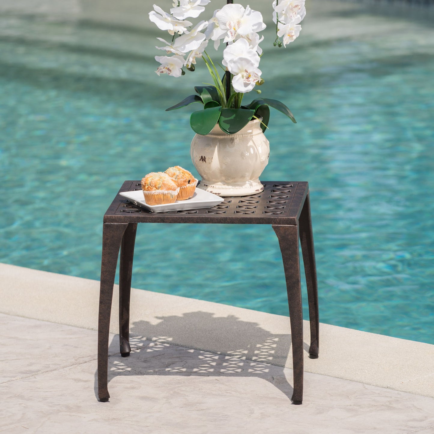 Lunaire - Outdoor Square Cast Aluminum Side Table With Lattice Top And Curved Legs - Bronze