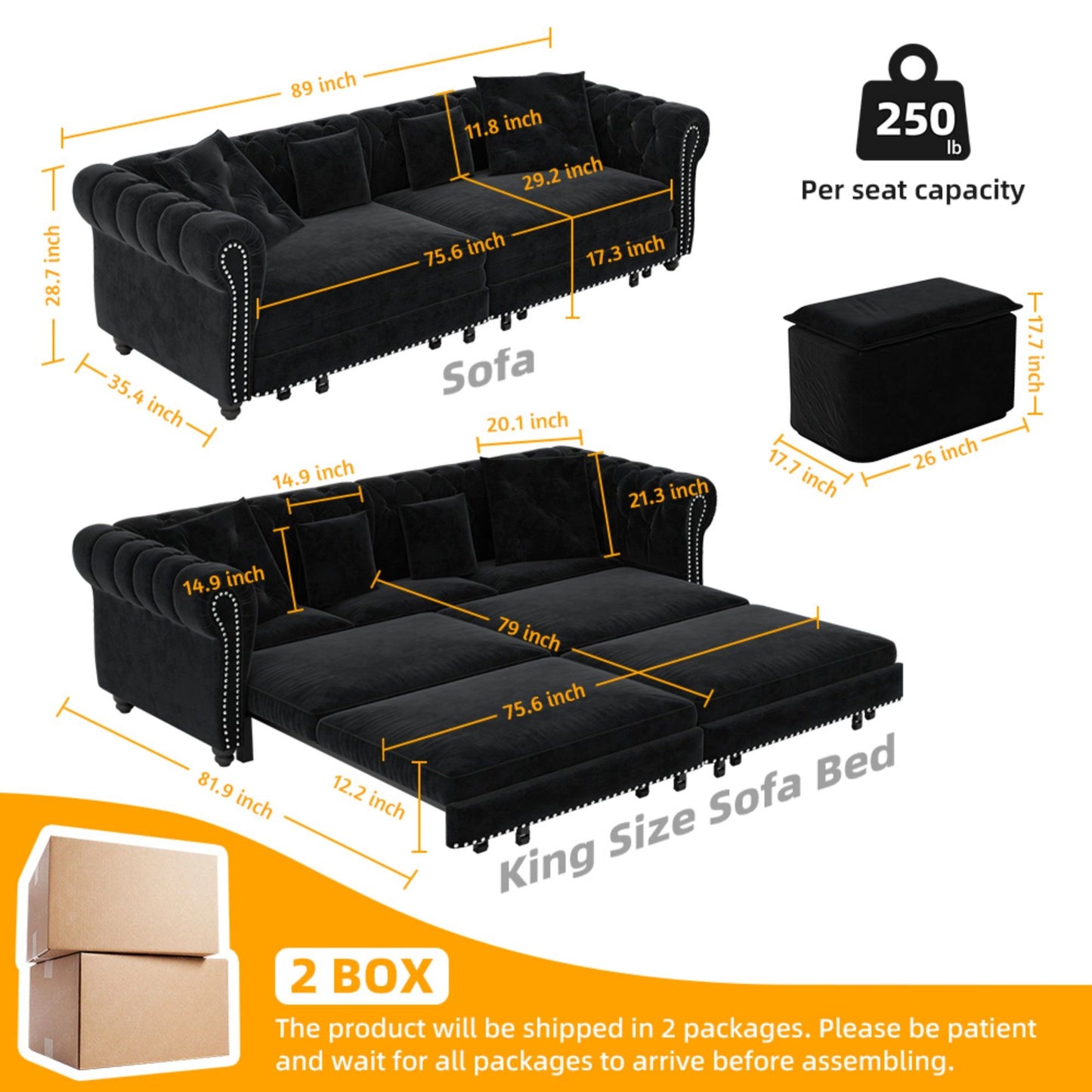 3 In 1 Pull Out Sofa Bed, Convertible Sleeper Sofa Bed, 3 Seater Sofa With Movable Ottoman - Black
