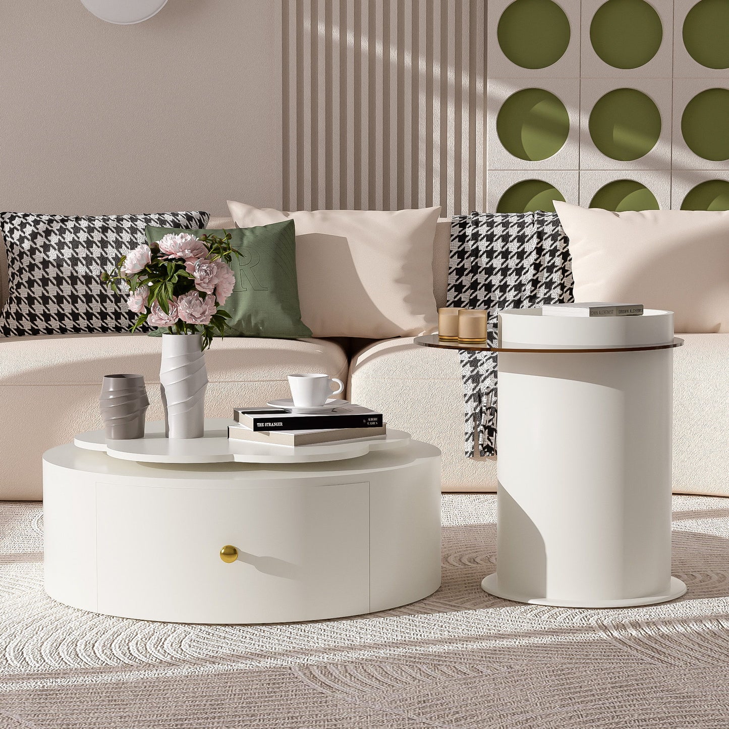 Modern Round Coffee Table (Set of 2), 360 Degree Rotatable Flower Shaped Top With 2 Drawers, Top Circle Side Table End Table With Glass For Living Room - Off White