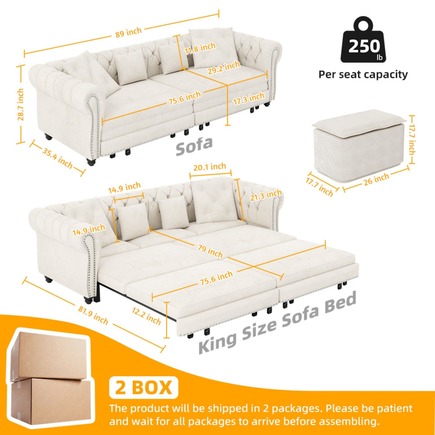 3 In 1 Pull Out Sofa Bed, Convertible Sleeper Sofa Bed, 3 Seater Sofa With Movable Ottoman - Beige