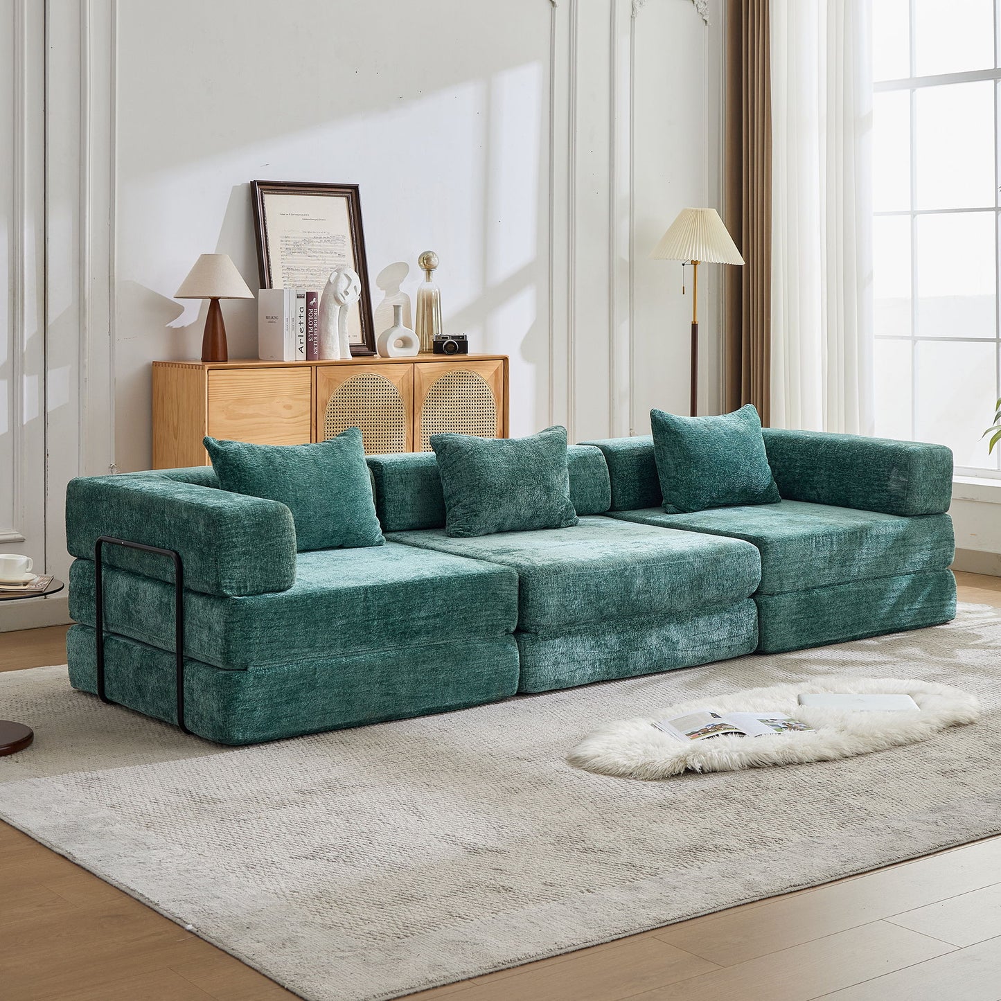 Convertible Floor Sofa Bed With Fixed Shape Frame, Boneless Modular Sectional Sofa, For Living Room - Dark Green