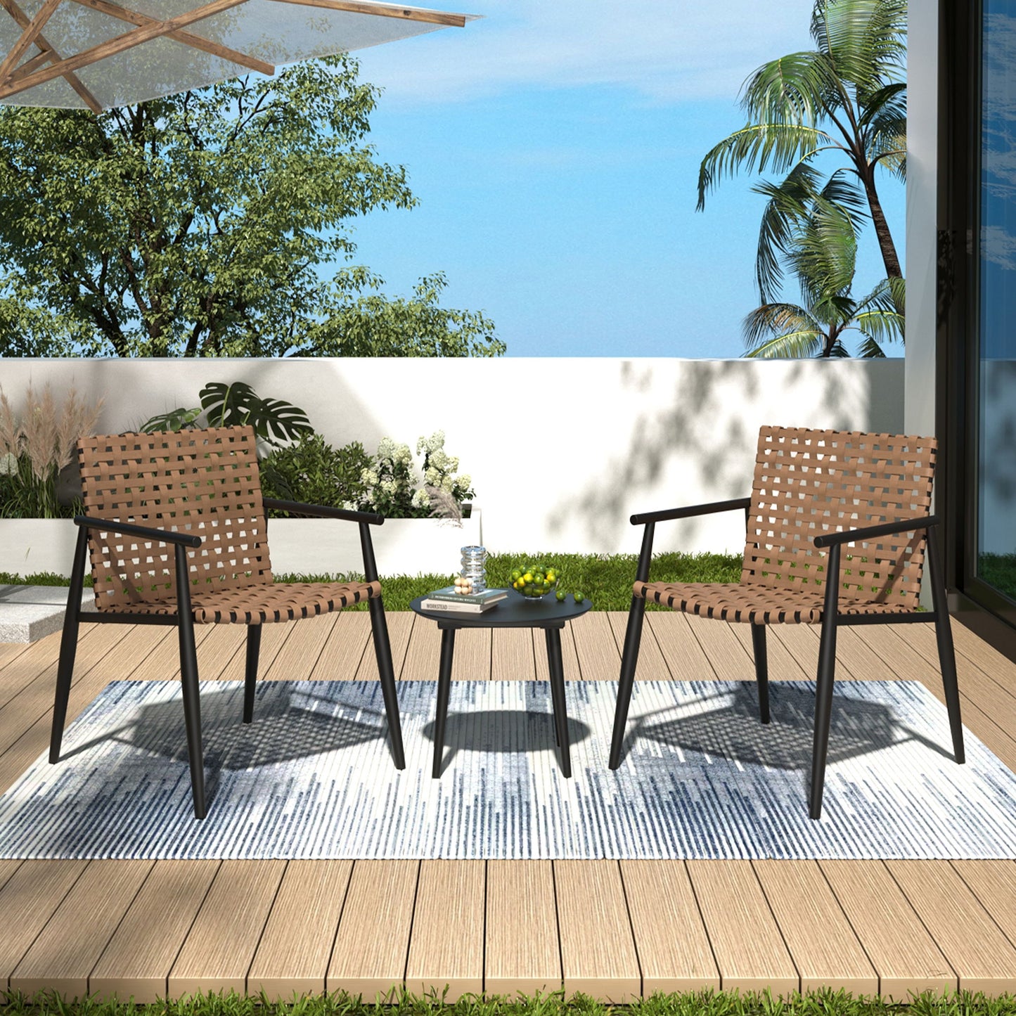 Outdoor Chat Set, 2 Chairs & Side Table - Black / Brown