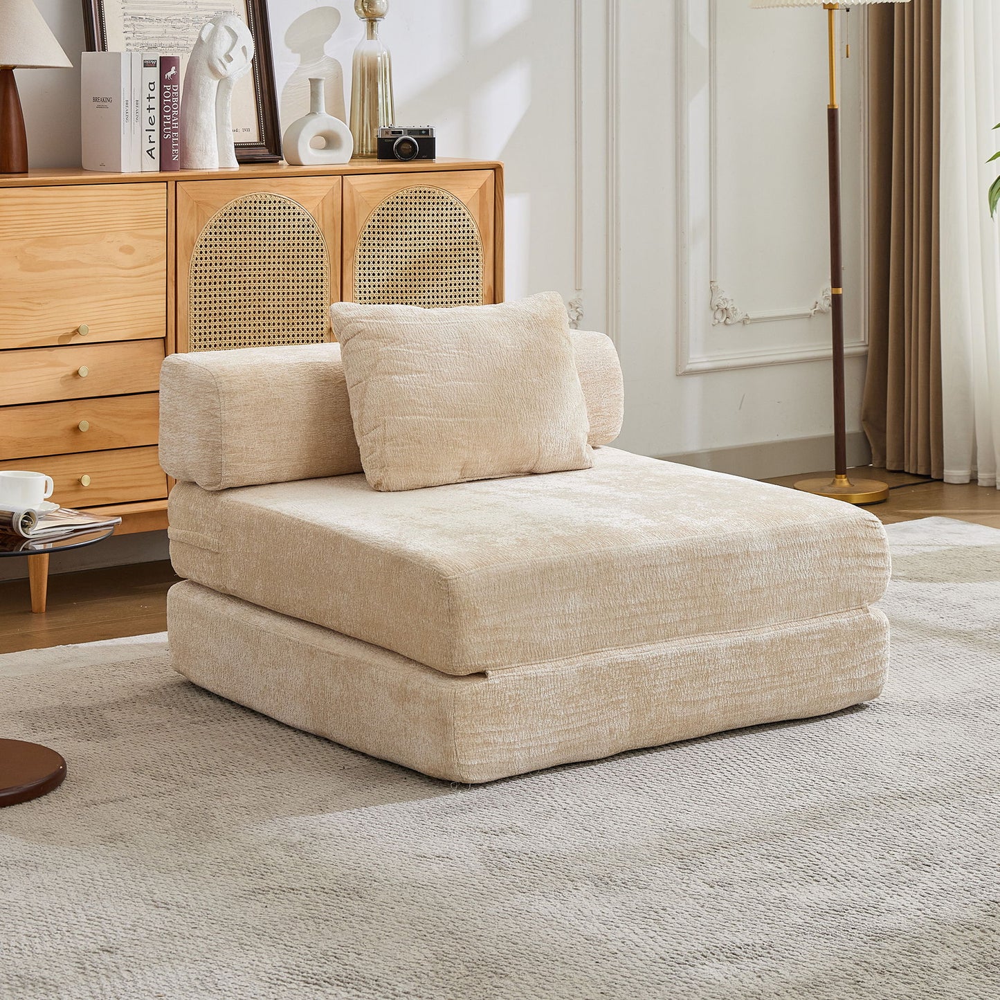 Convertible Floor Sofa Bed With Fixed Shape Frame For Living Room - Beige