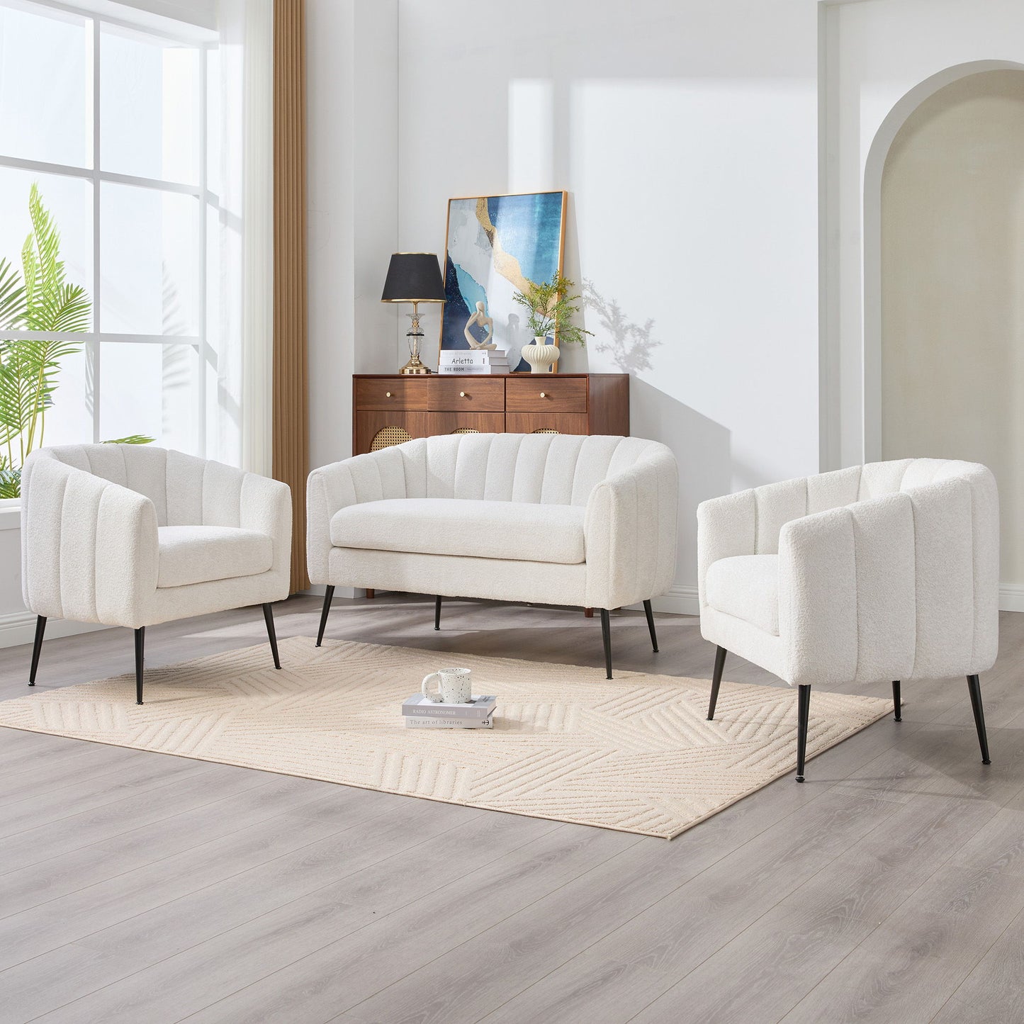 3 Piece Small Living Room Furniture Set, Sofa Loveseat & 2 Armchairs - Ivory