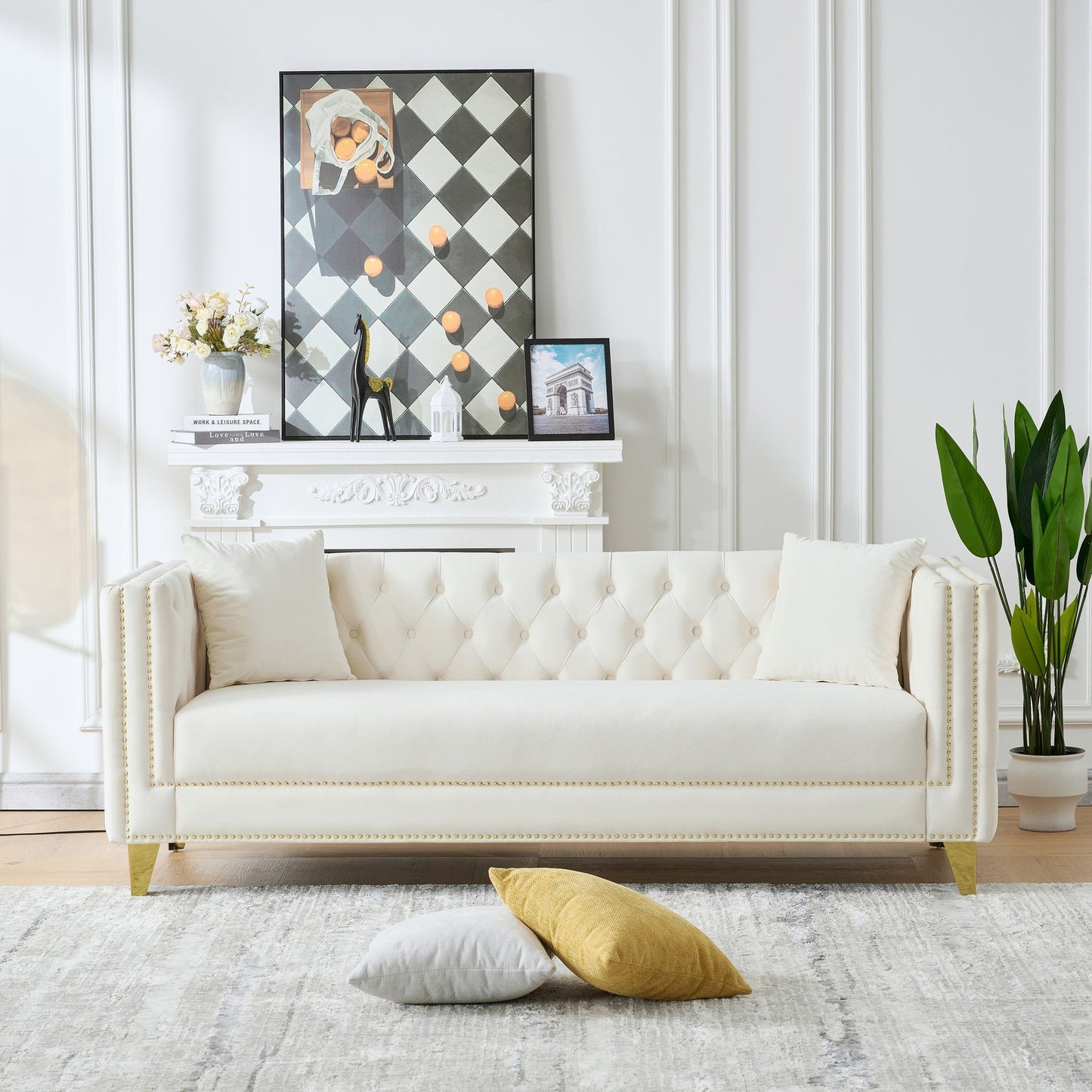 3 Seater Deep Seat Sofa, Sofa With Button Nailhead, Square Arm Couches, Furniture For Living Room - Beige