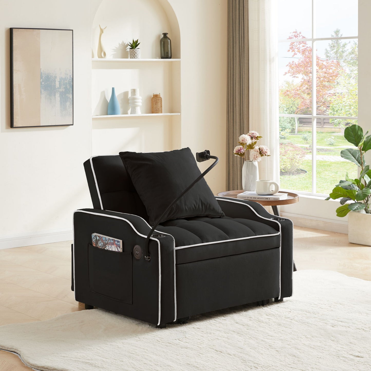 Convertible Velvet 3 In 1 Sofa Bed With Adjustable Sleeper Chair And Multi Pockets