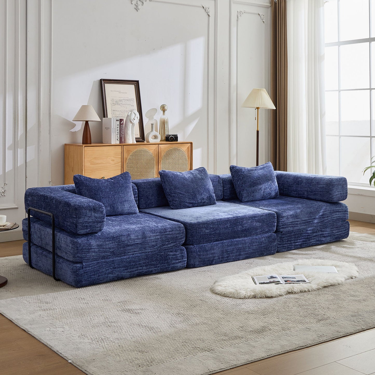 Convertible Floor Sofa Bed With Fixed Shape Frame, Boneless Modular Sectional Sofa, For Living Room - Dark Blue